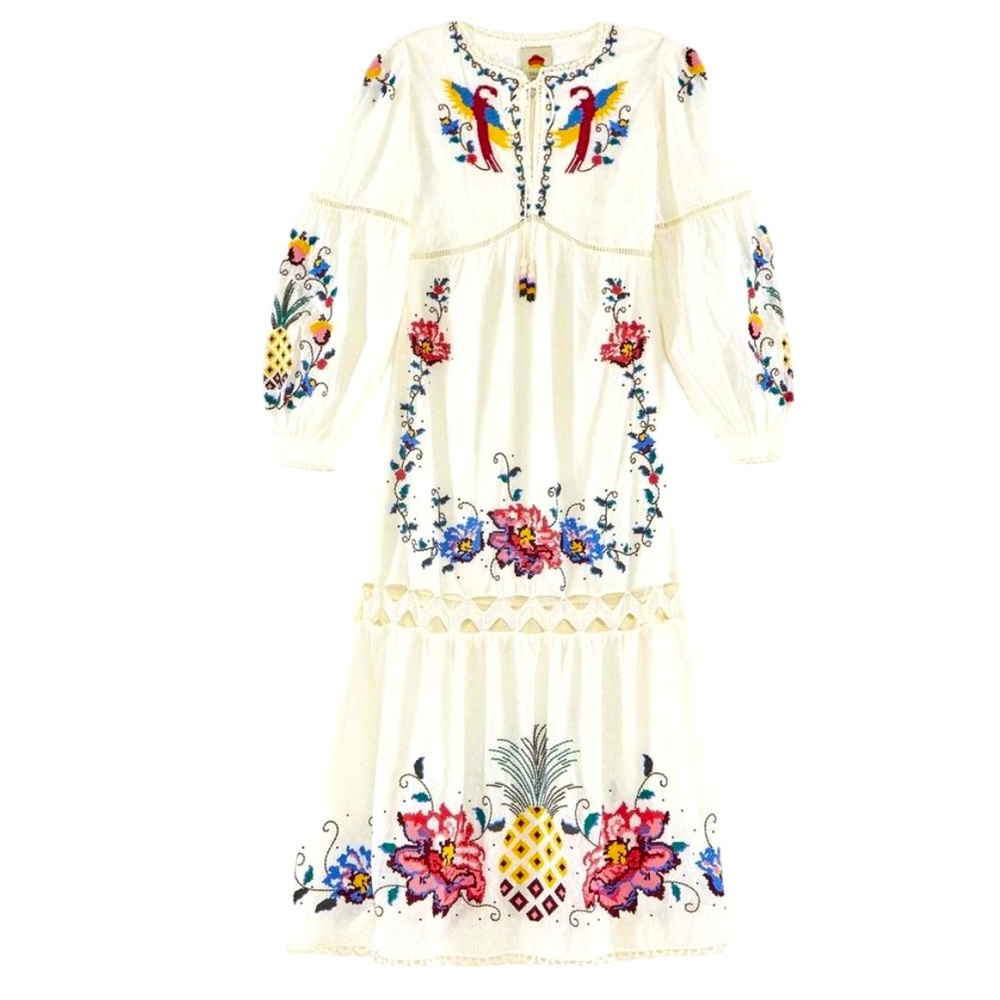Farm Rio Macaw Cross Stitch Embroidered Maxi dress. Color: Off White. S. NWT.